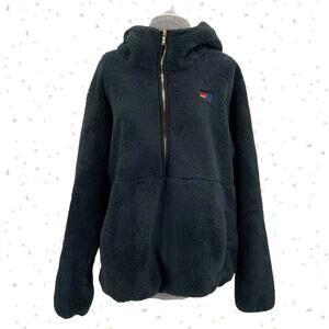Aviator Nation 1/2 Zip Teddy Pullover Black Fleece Hoodie Jacket Unisex Size XL